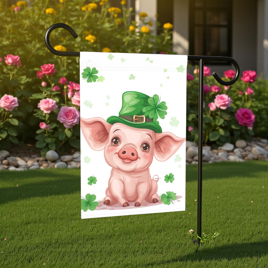 St. Patrick's Day Pig Garden Flag - size comparison - Dragonfire Gardens