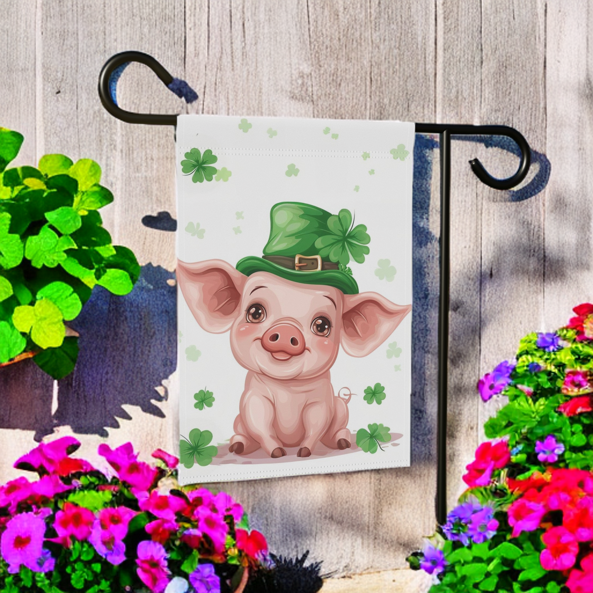 St. Patrick's Day Pig Garden Flag - lifestyle display - Dragonfire Gardens
