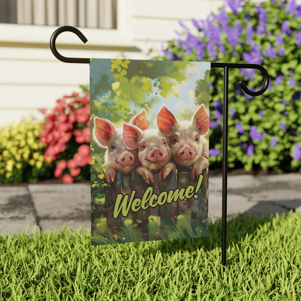 Three Little Pigs Welcome Garden Flag - outdoor display - Dragonfire Gardens