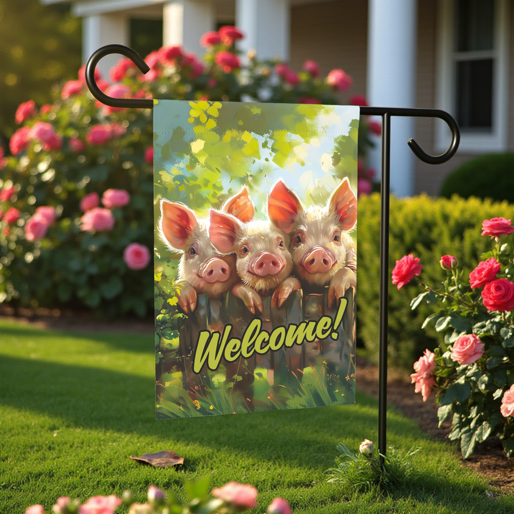 Three Little Pigs Welcome Garden Flag - front view - Dragonfire Gardens