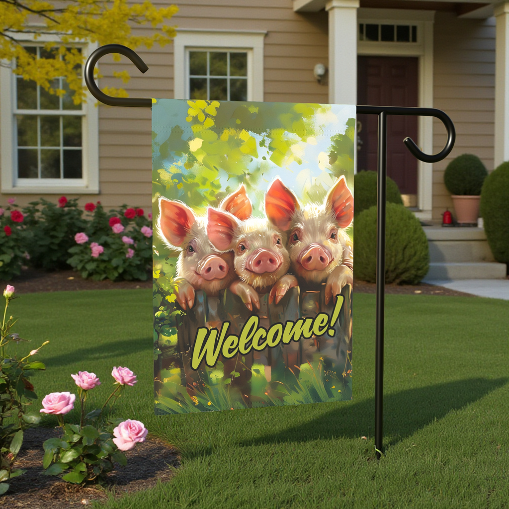 Three Little Pigs Welcome Garden Flag - size comparison - Dragonfire Gardens