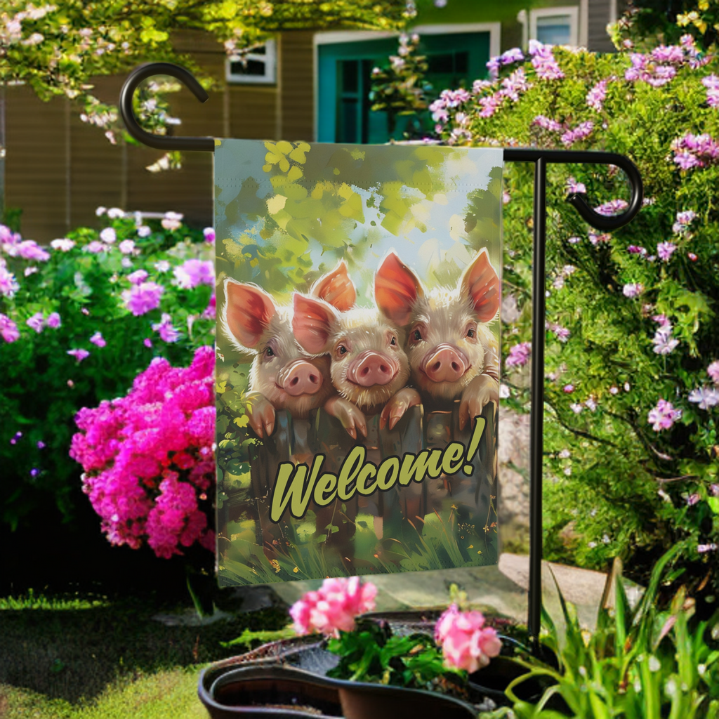 Three Little Pigs Welcome Garden Flag - lifestyle display - Dragonfire Gardens