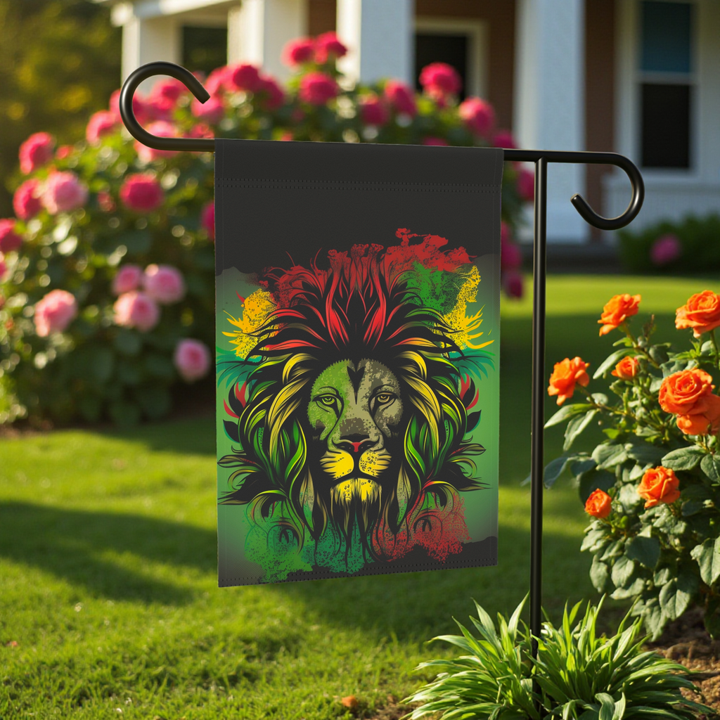 Vibrant Rasta Lion Garden Flag - size comparison - Dragonfire Gardens