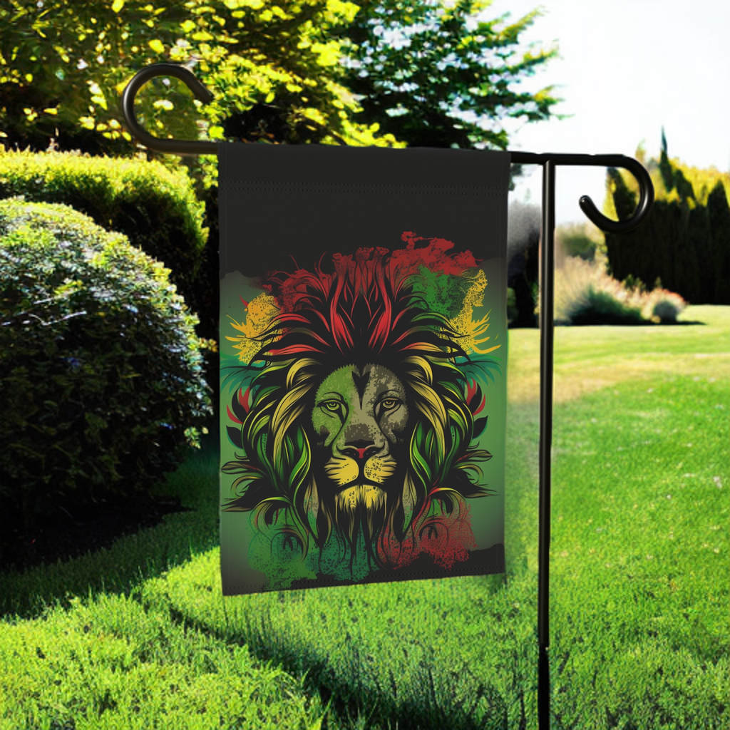 Vibrant Rasta Lion Garden Flag - lifestyle display - Dragonfire Gardens