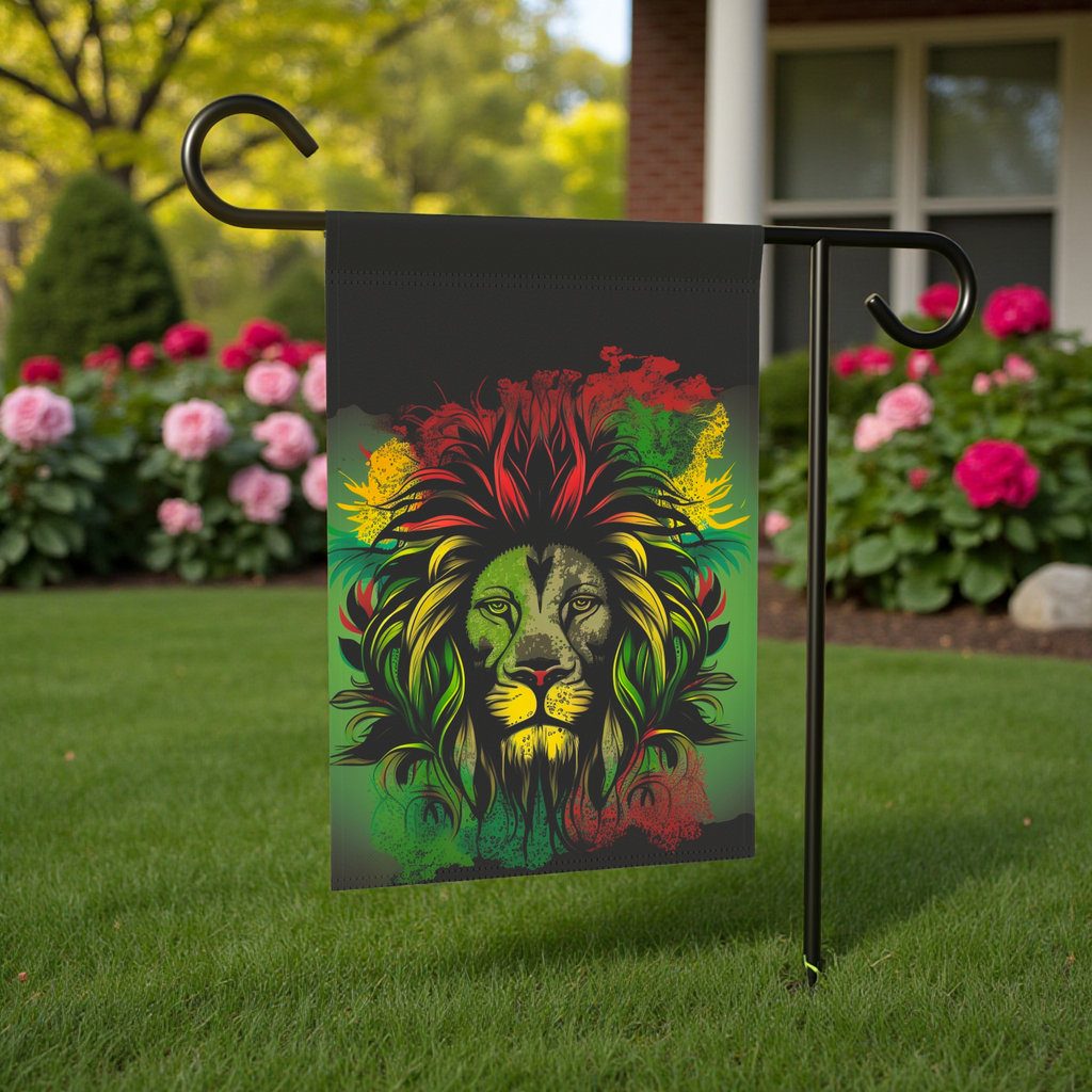 Vibrant Rasta Lion Garden Flag - front view - Dragonfire Gardens
