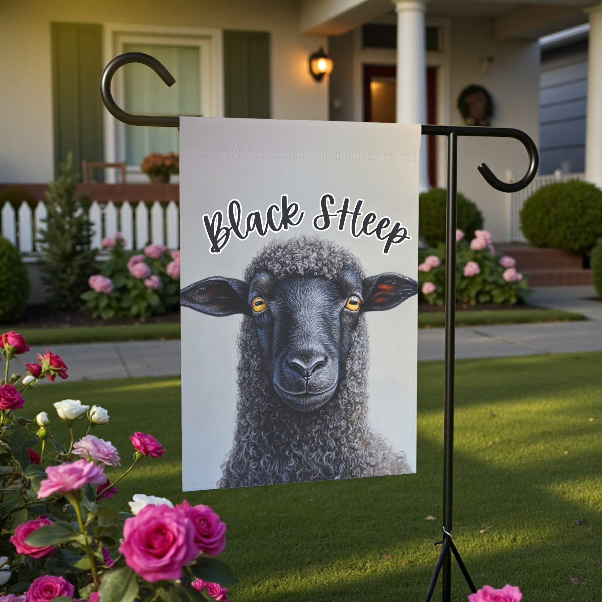 Black Sheep Garden Flag - lifestyle display - Dragonfire Gardens