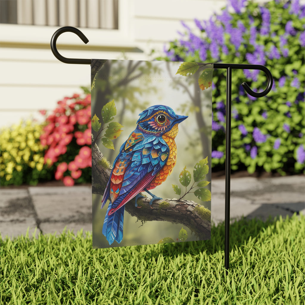 Colorful Abstract Bird Garden Flag - outdoor display - Dragonfire Gardens