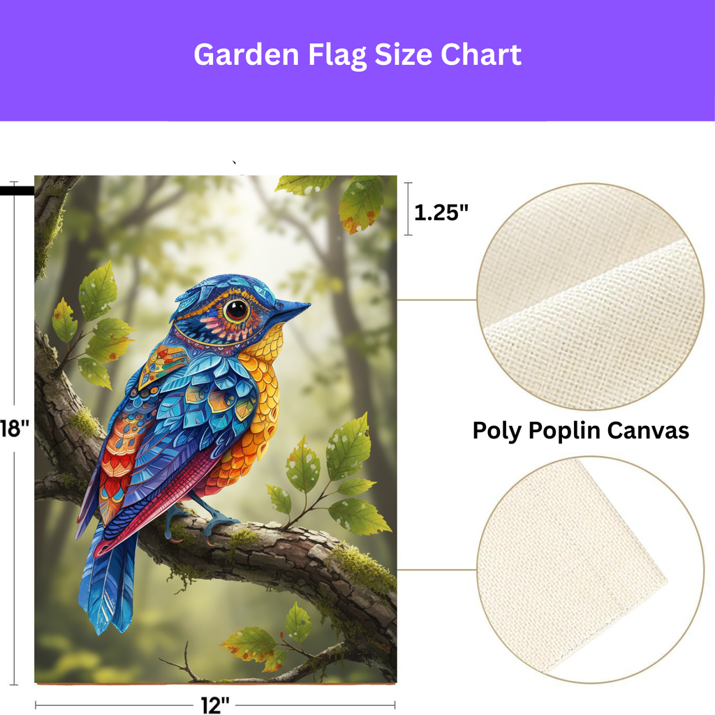 Colorful Abstract Bird Garden Flag - size comparison - Dragonfire Gardens