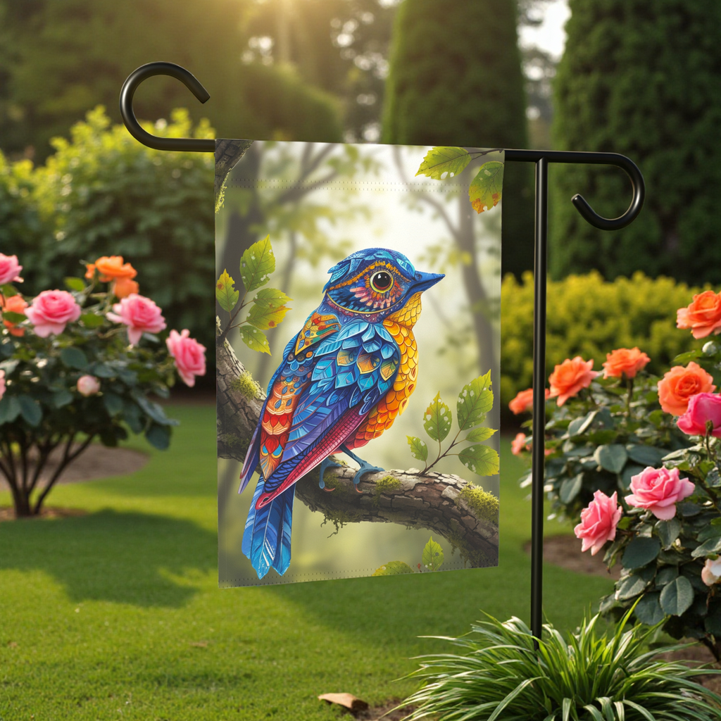 Colorful Abstract Bird Garden Flag - front view - Dragonfire Gardens