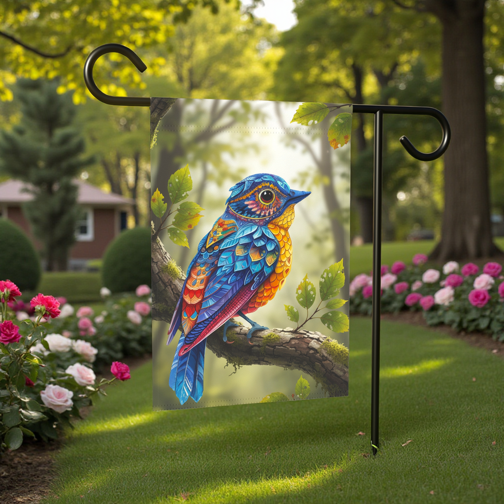 Colorful Abstract Bird Garden Flag - banner view - Dragonfire Gardens