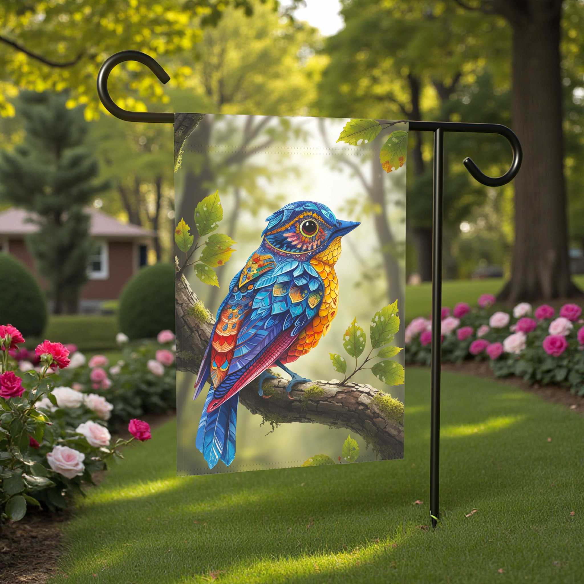 Colorful Abstract Bird Garden Flag - banner view - Dragonfire Gardens