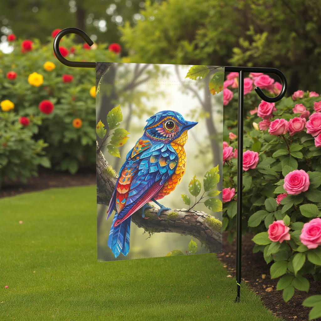 Colorful Abstract Bird Garden Flag - lifestyle display - Dragonfire Gardens