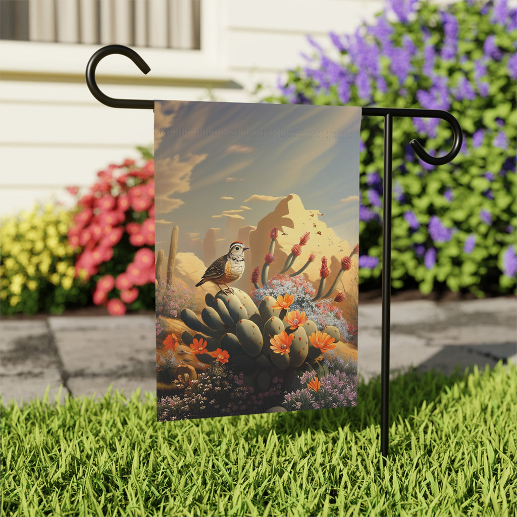 Bird on a Cactus Garden Flag - outdoor display - Dragonfire Gardens