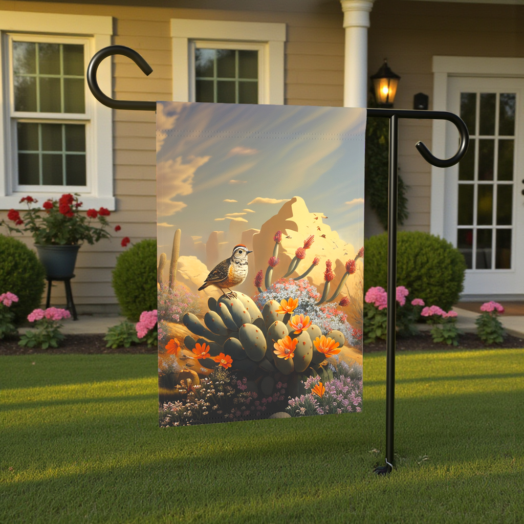 Bird on a Cactus Garden Flag - lifestyle display - Dragonfire Gardens