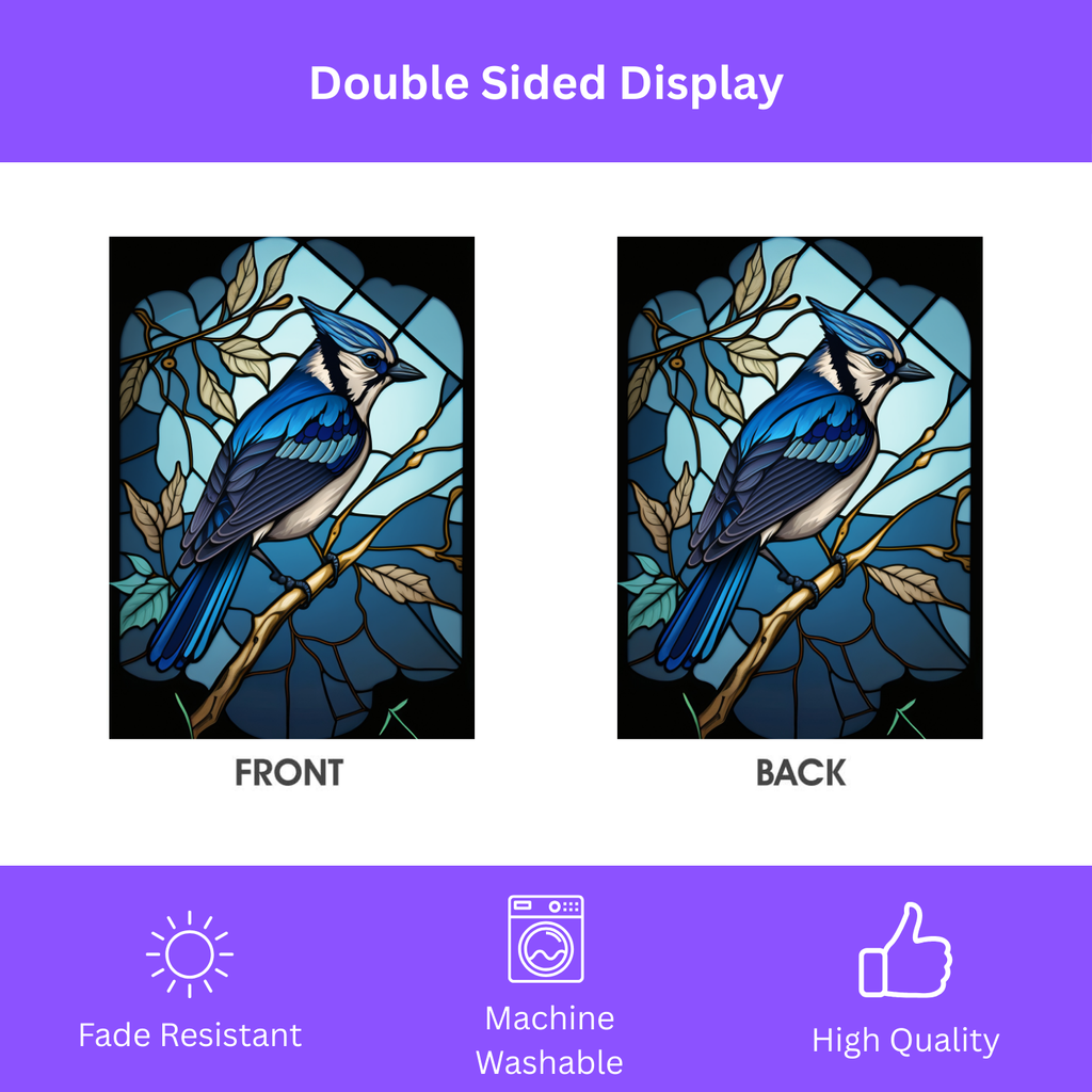Stained Glass Blue Jay Garden Flag - double-sided design - Dragonfire Gardens