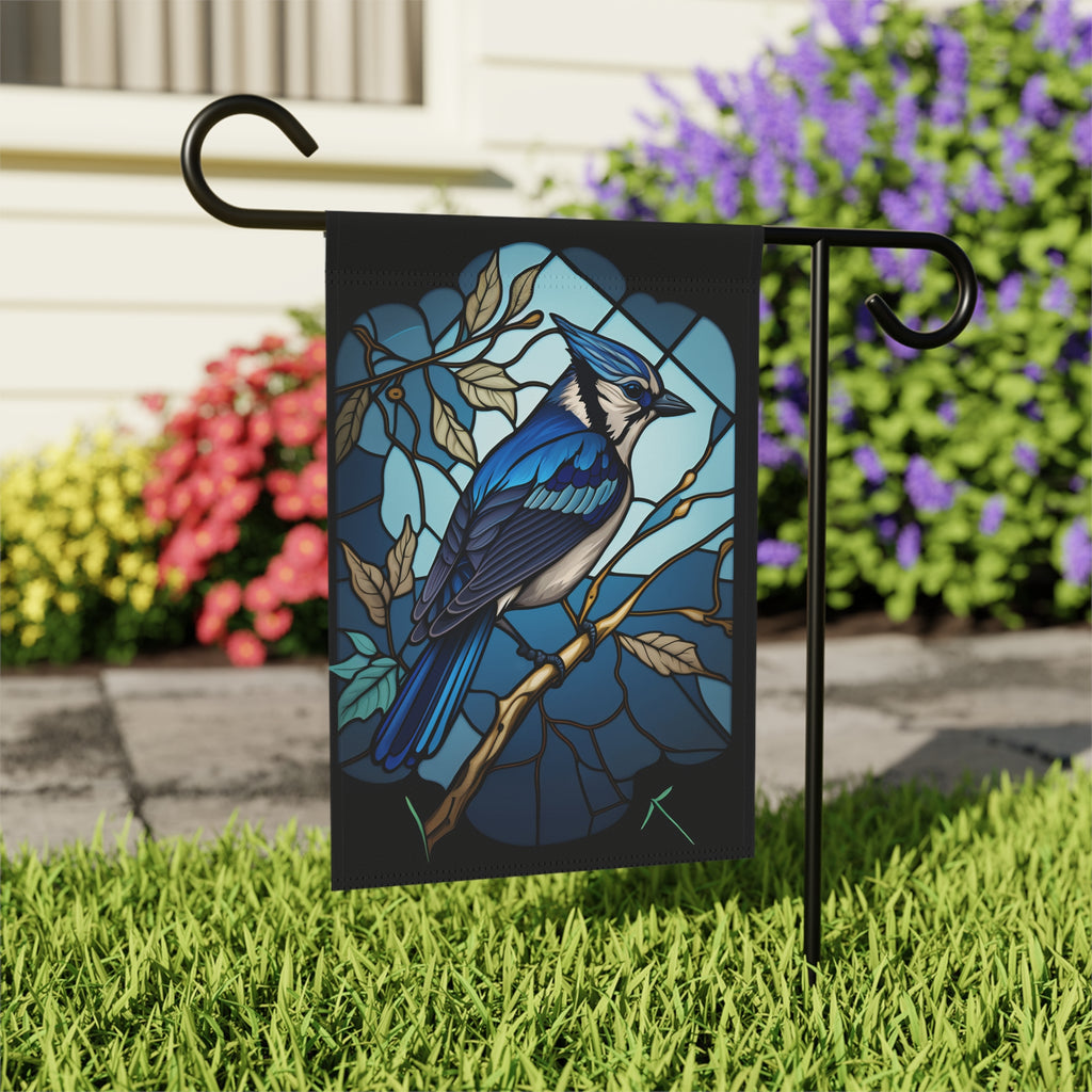 Stained Glass Blue Jay Garden Flag - outdoor display - Dragonfire Gardens