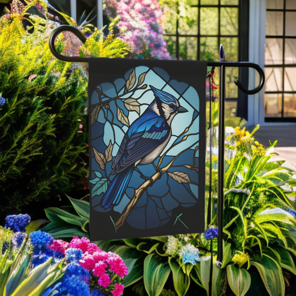 Stained Glass Blue Jay Garden Flag - lifestyle display - Dragonfire Gardens