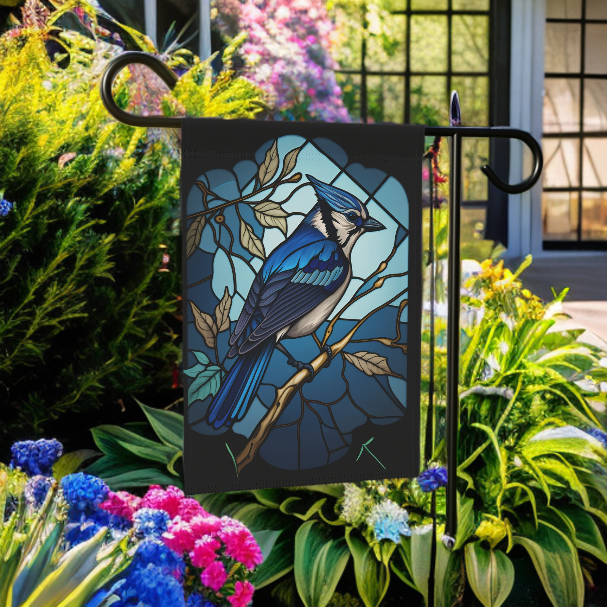 Stained Glass Blue Jay Garden Flag - lifestyle display - Dragonfire Gardens