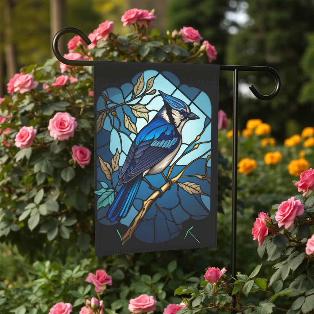 Stained Glass Blue Jay Garden Flag - size comparison - Dragonfire Gardens