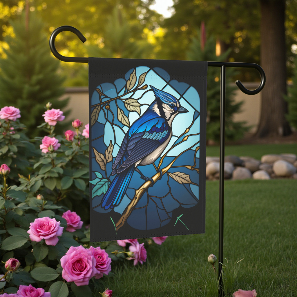 Stained Glass Blue Jay Garden Flag - front view - Dragonfire Gardens