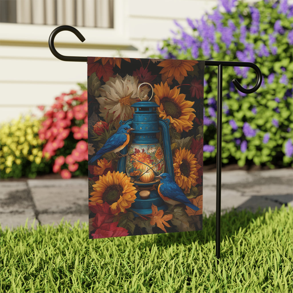 Blue Lantern and Blue Birds Garden Flag - outdoor display - Dragonfire Gardens