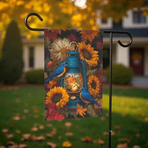 Blue Lantern and Blue Birds Garden Flag - front view - Dragonfire Gardens