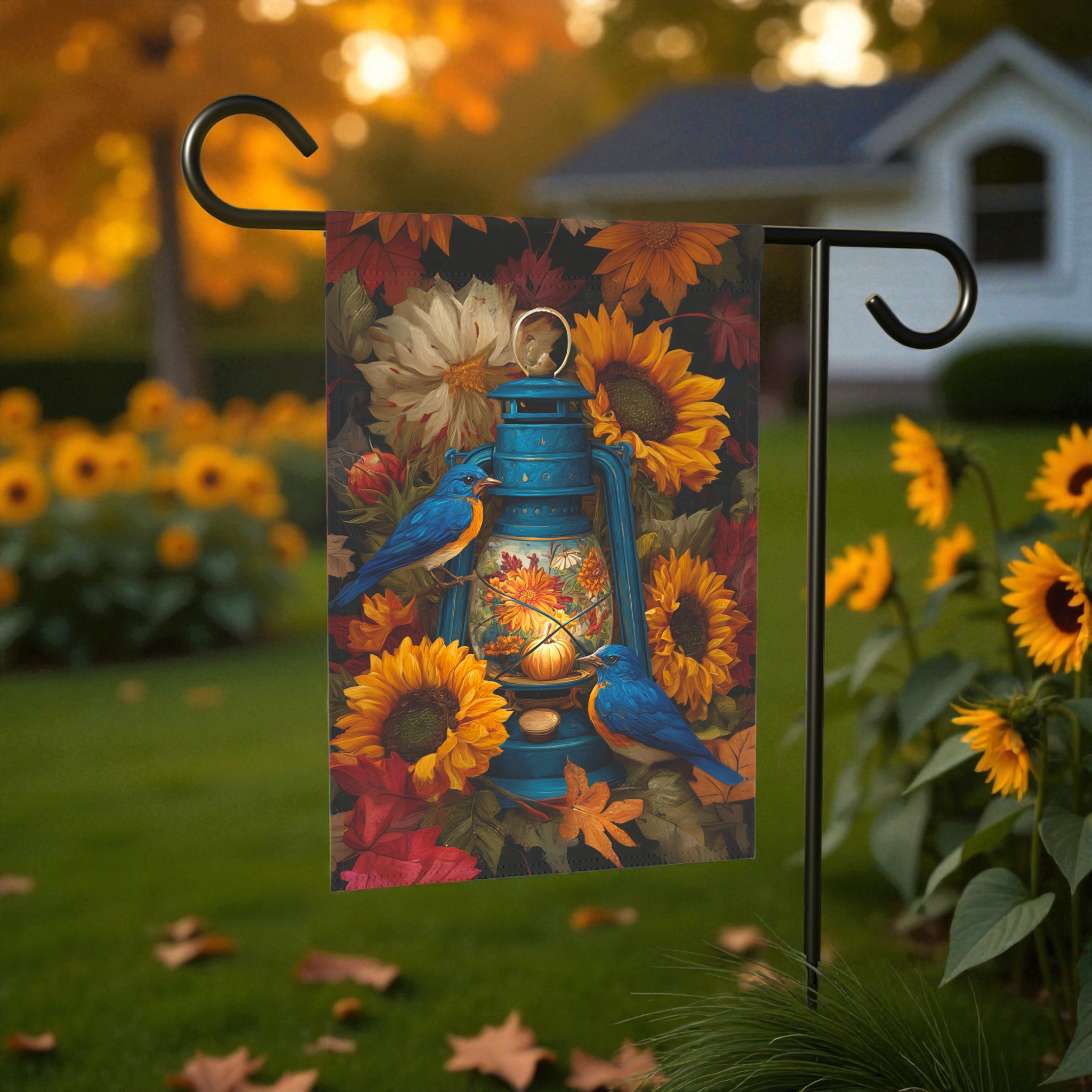 Blue Lantern and Blue Birds Garden Flag - product detail - Dragonfire Gardens