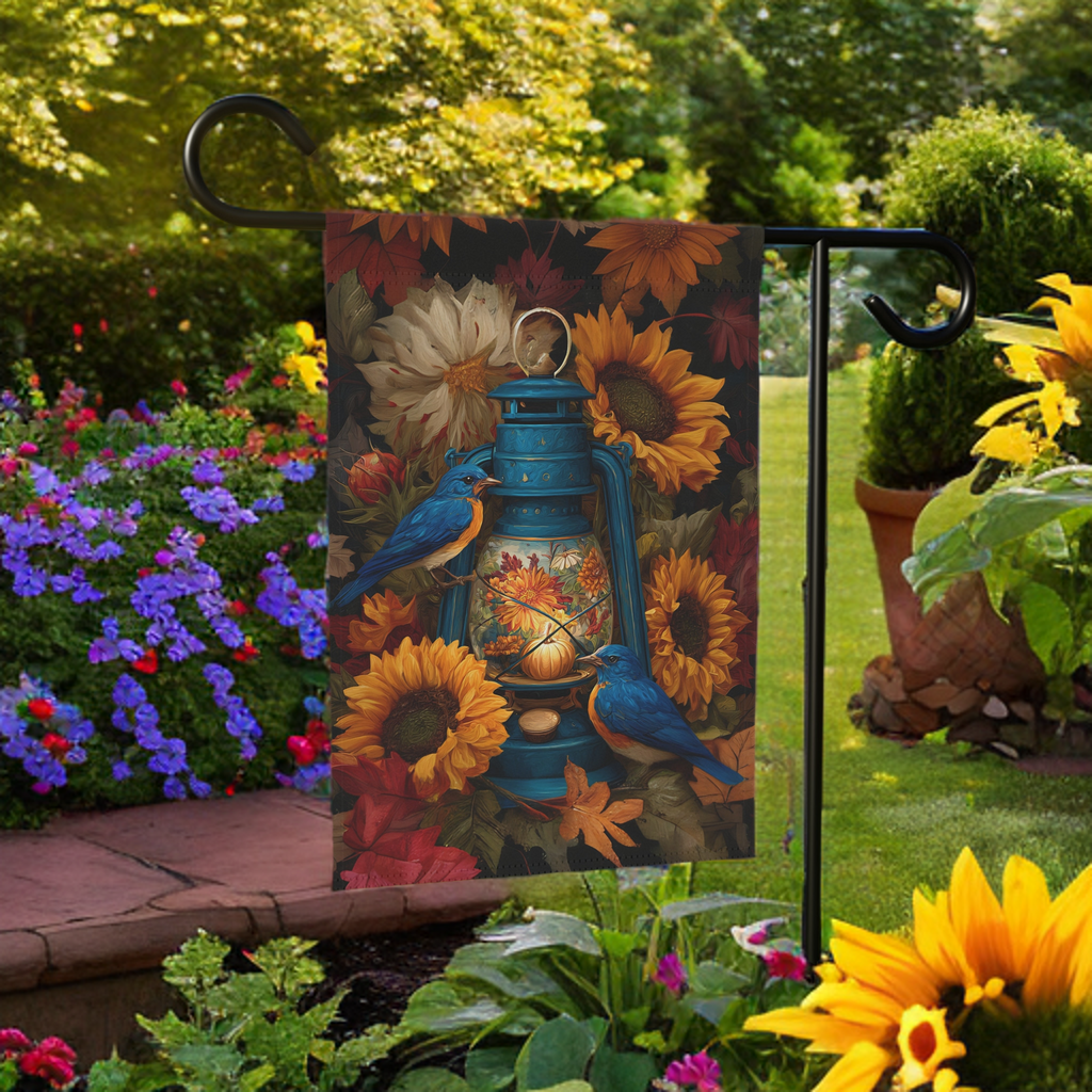 Blue Lantern and Blue Birds Garden Flag - size comparison - Dragonfire Gardens