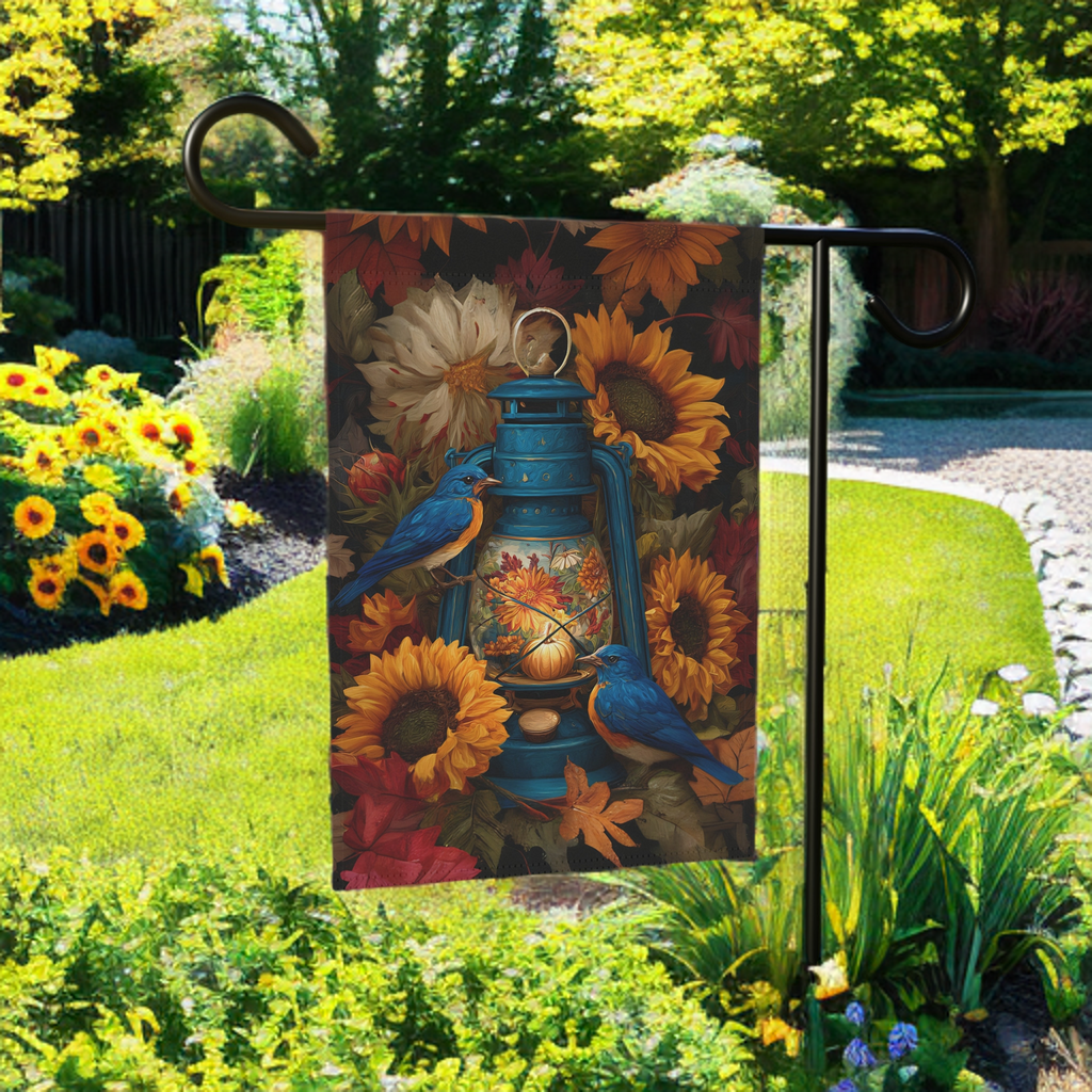 Blue Lantern and Blue Birds Garden Flag - lifestyle display - Dragonfire Gardens