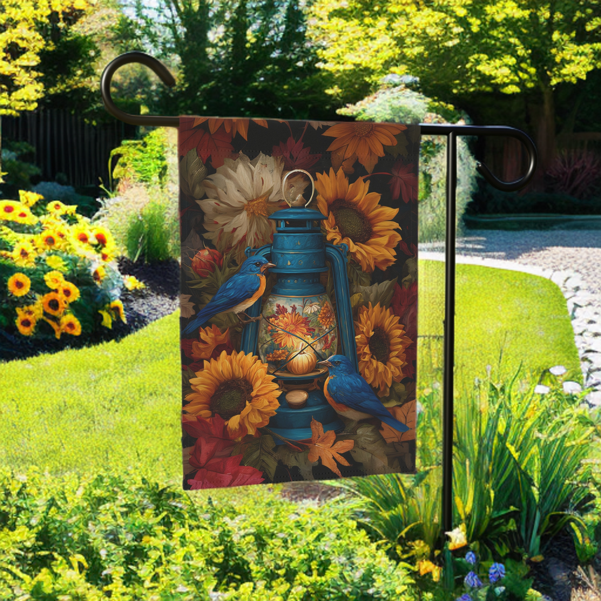 Blue Lantern and Blue Birds Garden Flag - lifestyle display - Dragonfire Gardens