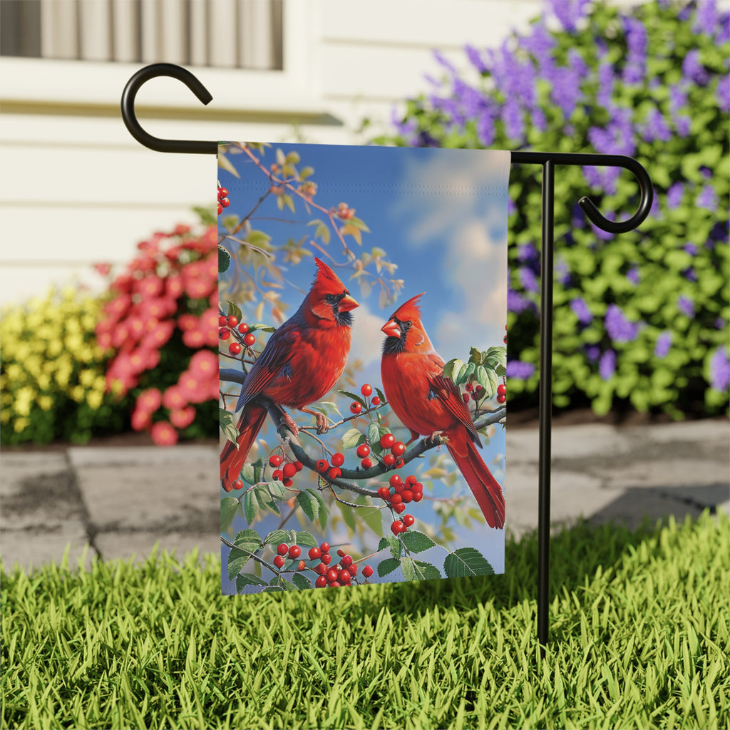 Two Cardinals in the Branches Garden Flag - close-up detail - Dragonfire Gardens
