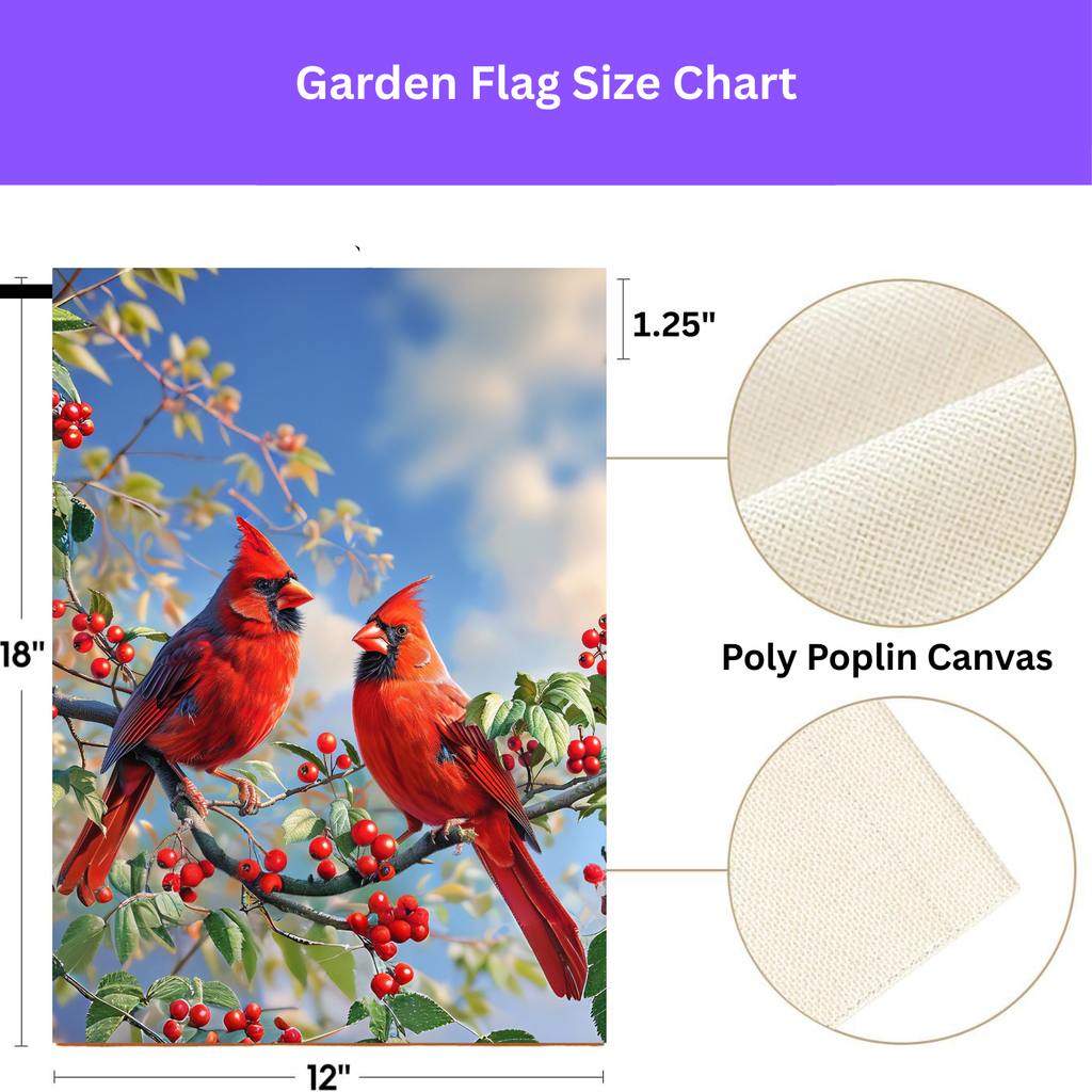 Two Cardinals in the Branches Garden Flag - size comparison - Dragonfire Gardens