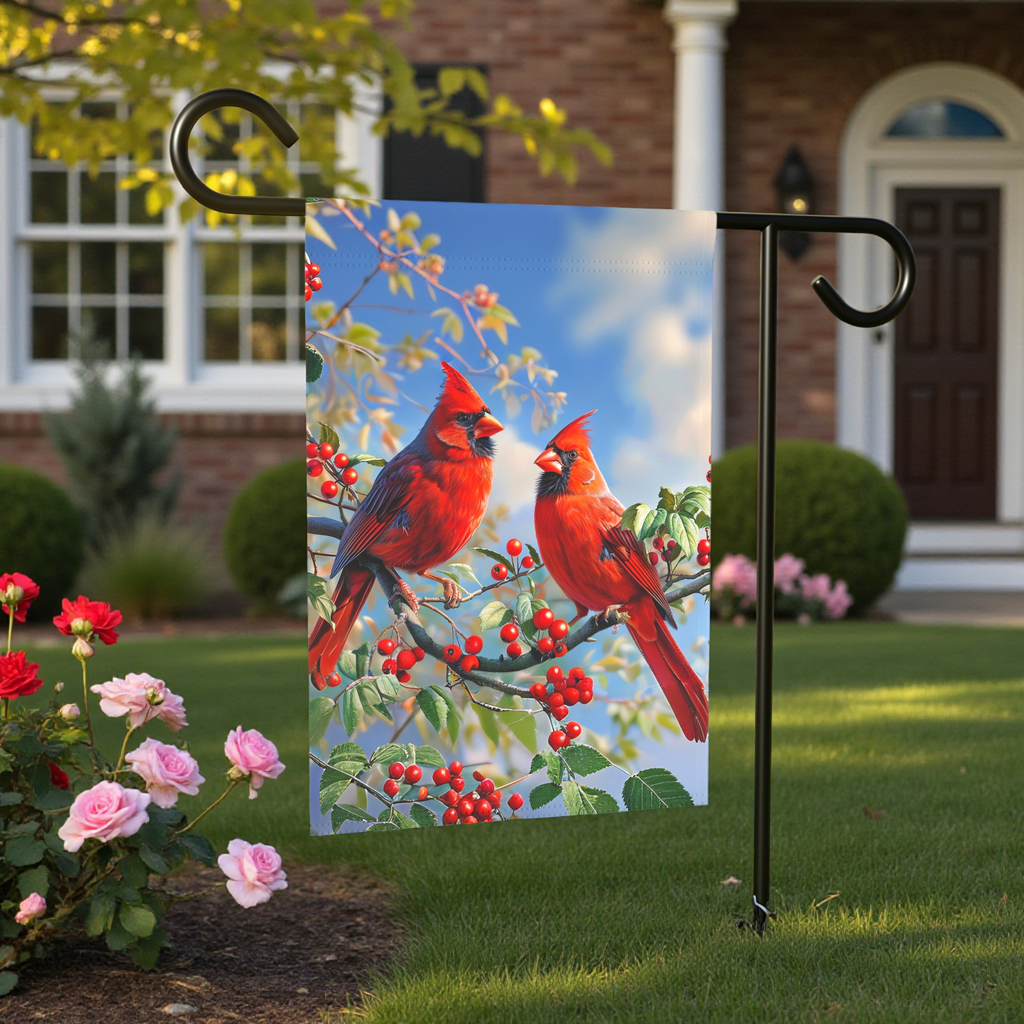 Two Cardinals in the Branches Garden Flag - lifestyle display - Dragonfire Gardens