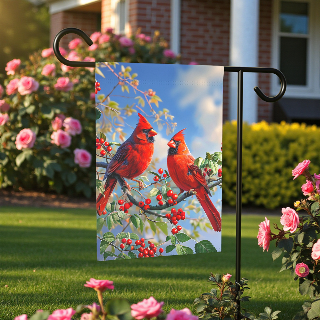 Two Cardinals in the Branches Garden Flag - front view - Dragonfire Gardens