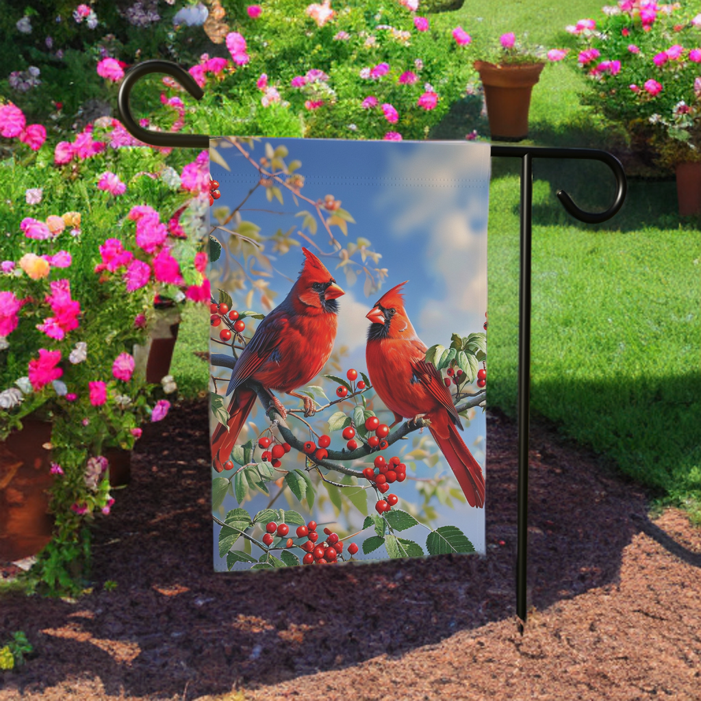 Two Cardinals in the Branches Garden Flag - outdoor display - Dragonfire Gardens