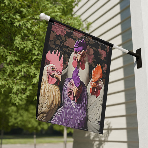 Angry Abstract Chickens Garden Flag - outdoor display - Dragonfire Gardens