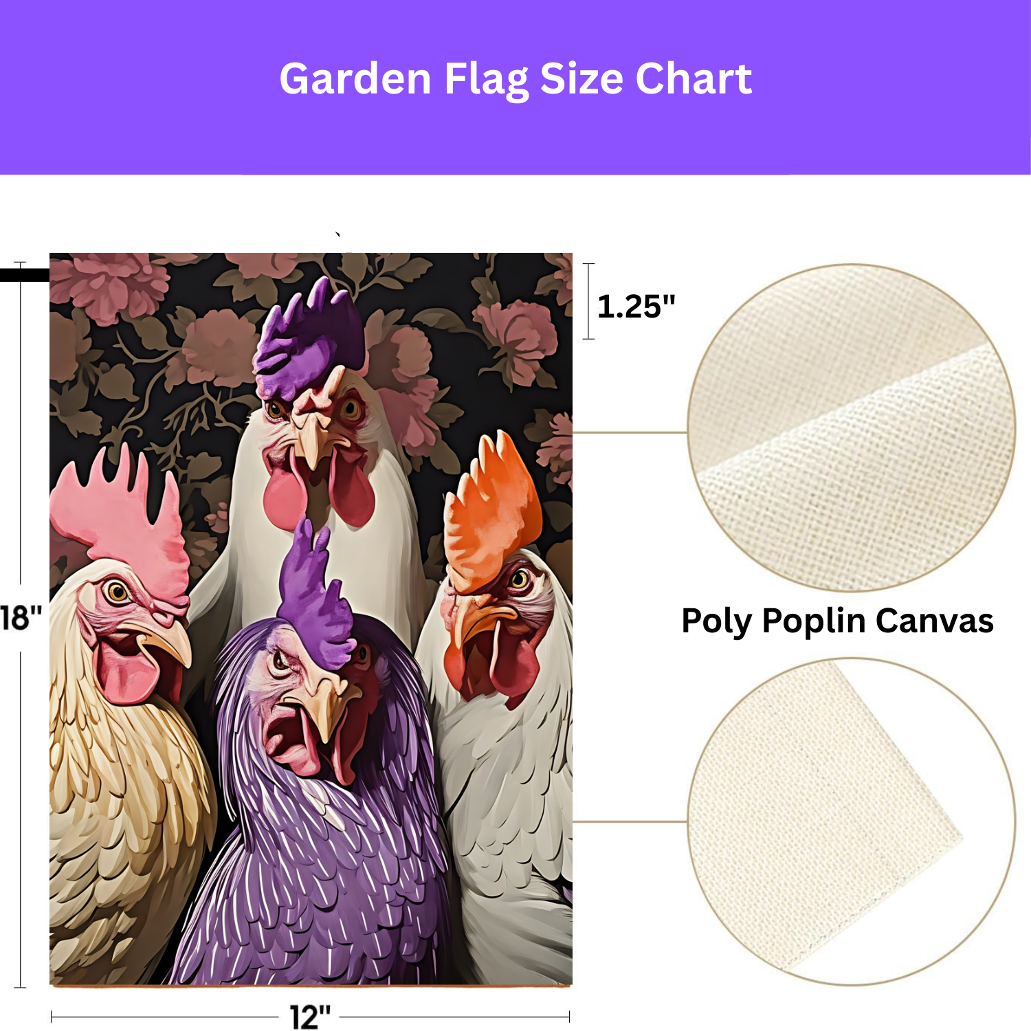 Angry Abstract Chickens Garden Flag - size comparison - Dragonfire Gardens