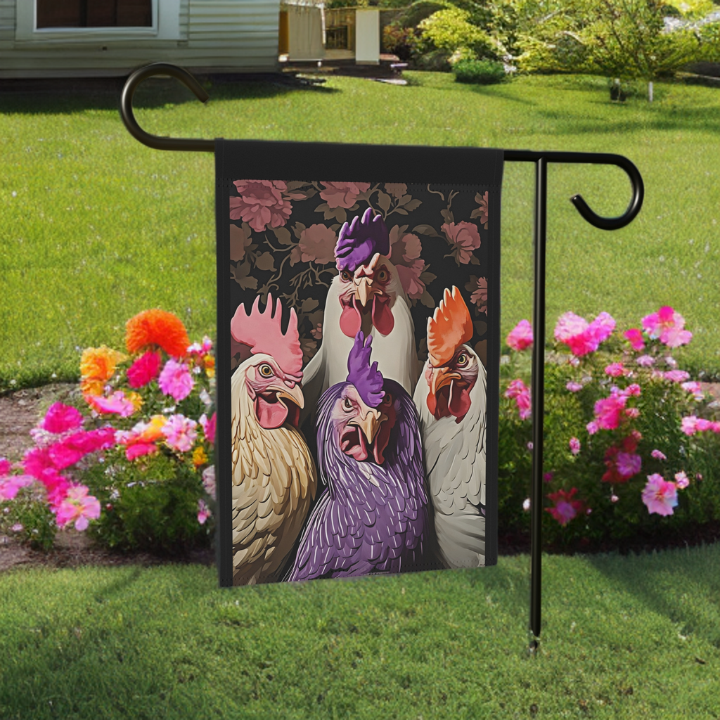 Angry Abstract Chickens Garden Flag - close-up detail - Dragonfire Gardens