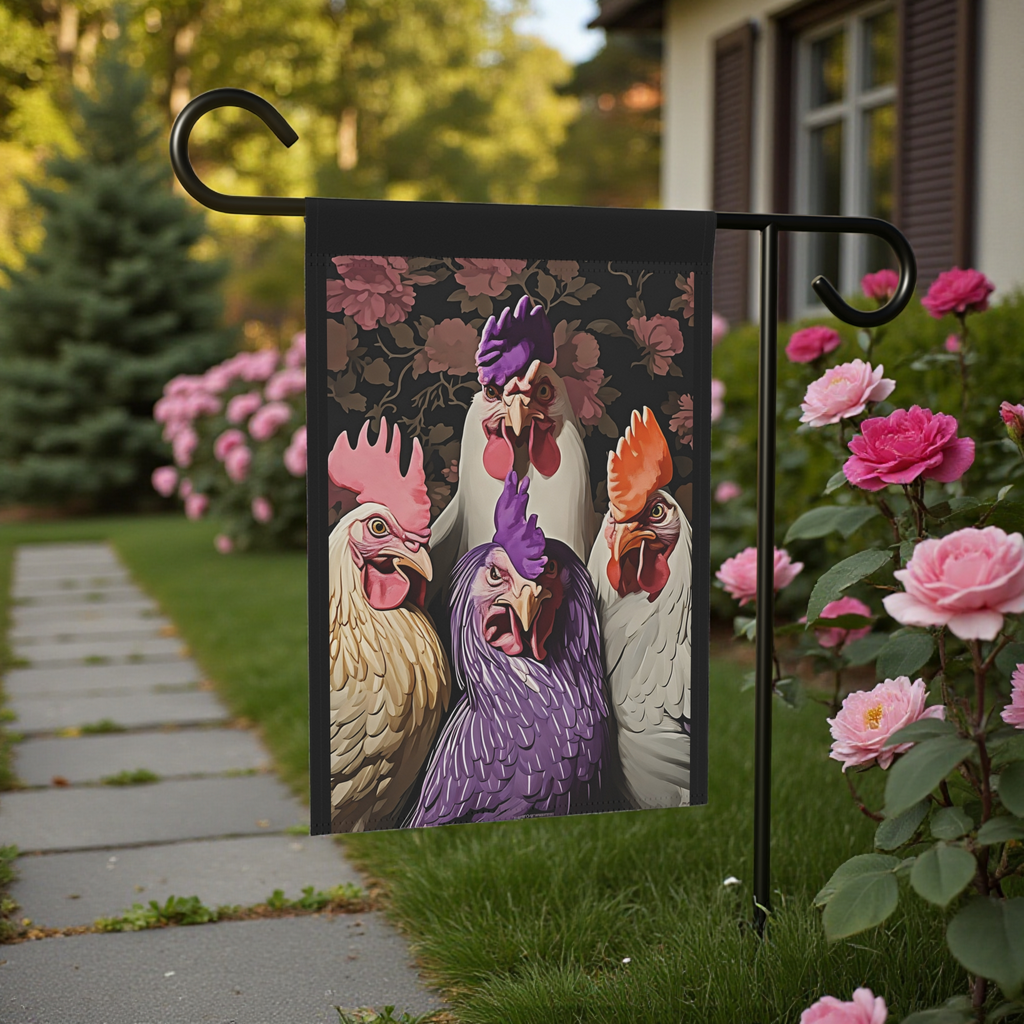 Angry Abstract Chickens Garden Flag - porch decor - Dragonfire Gardens