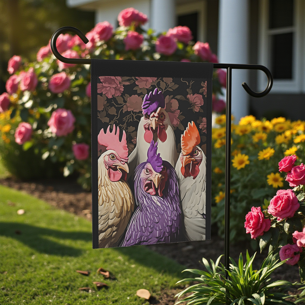 Angry Abstract Chickens Garden Flag - yard display - Dragonfire Gardens