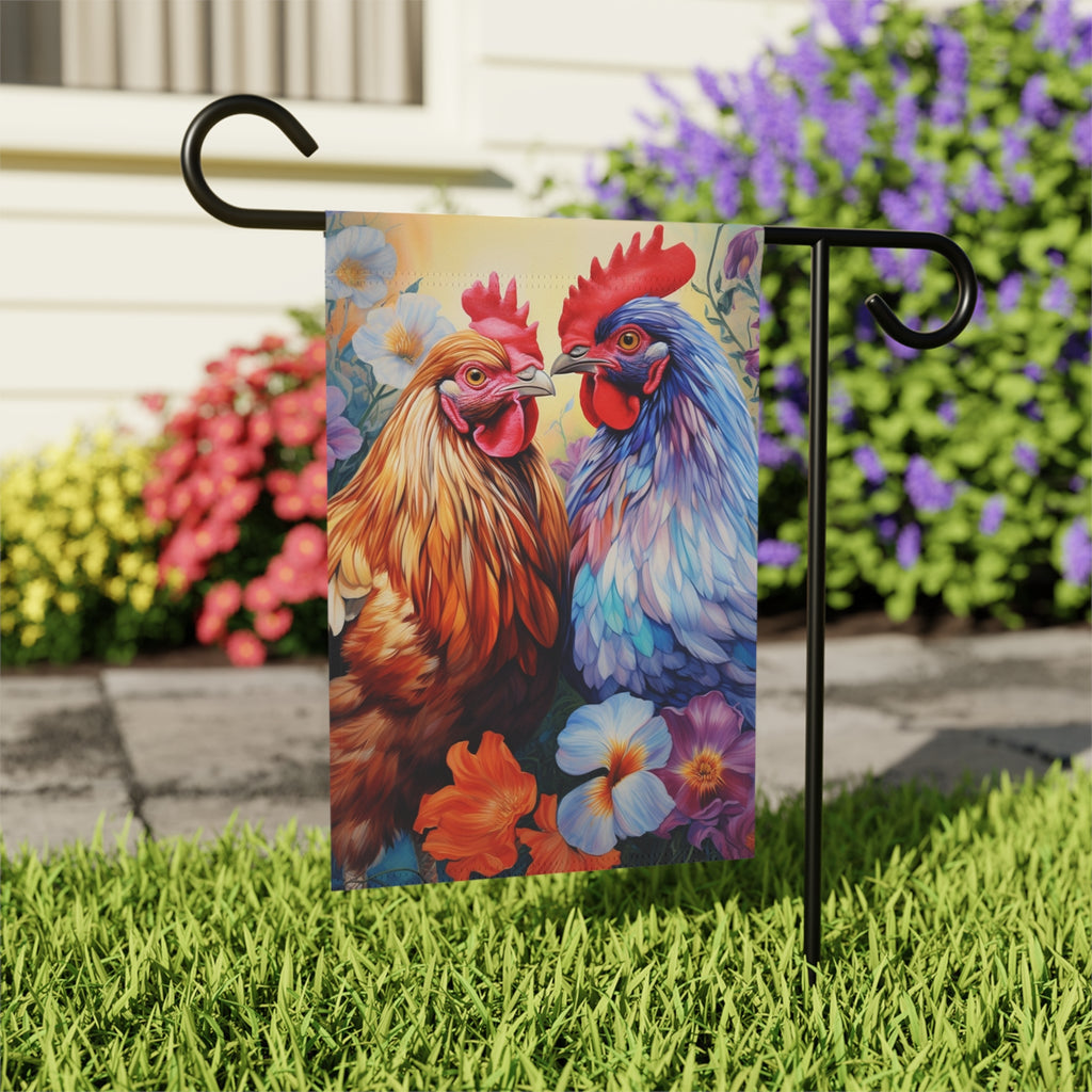 Colorful Roosters Garden Flag - close-up detail - Dragonfire Gardens
