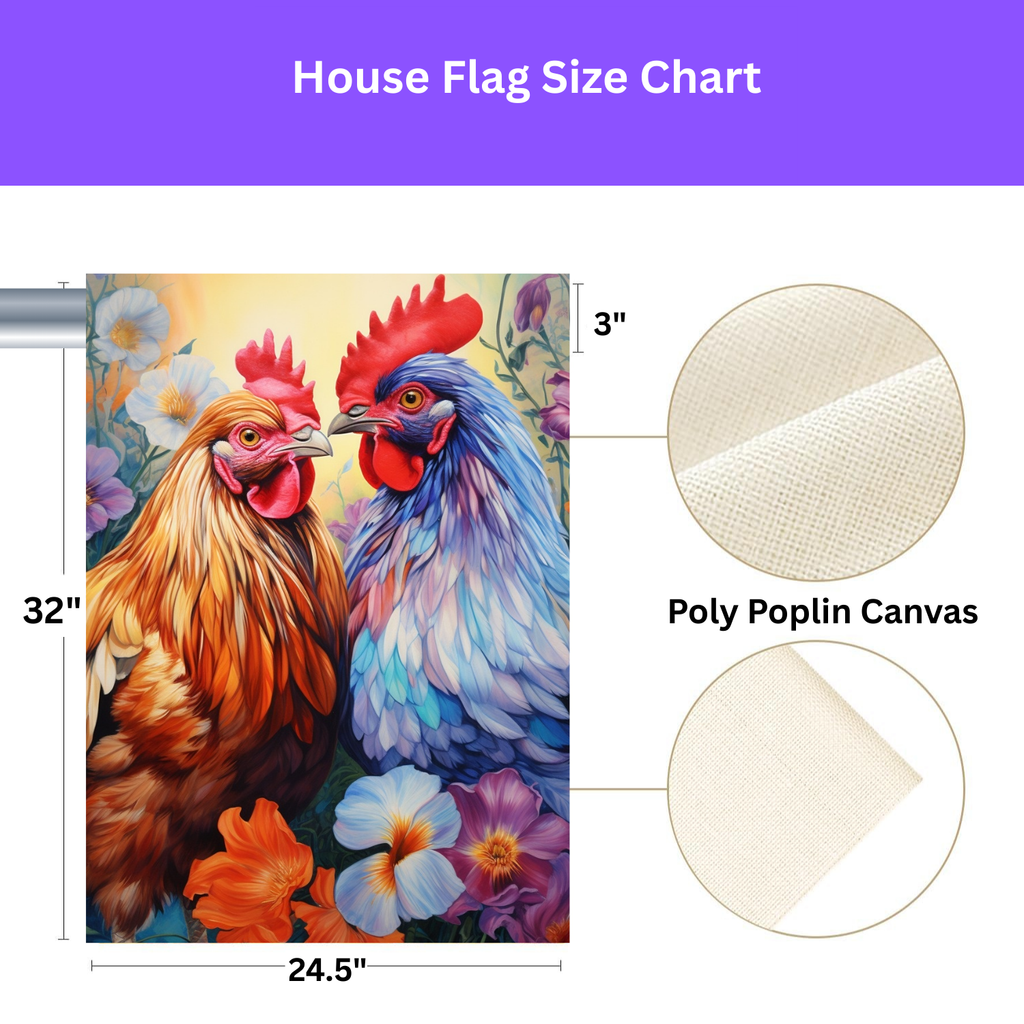 Colorful Roosters Garden Flag - size comparison - Dragonfire Gardens
