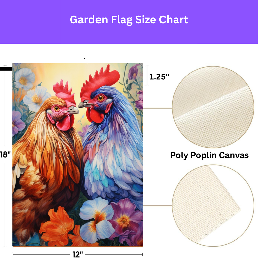 Colorful Roosters Garden Flag - double-sided design - Dragonfire Gardens