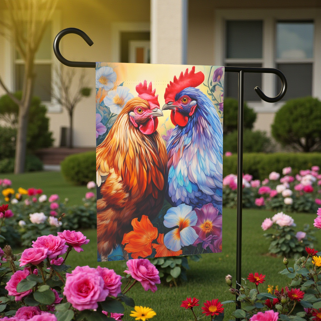 Colorful Roosters Garden Flag - lifestyle display - Dragonfire Gardens