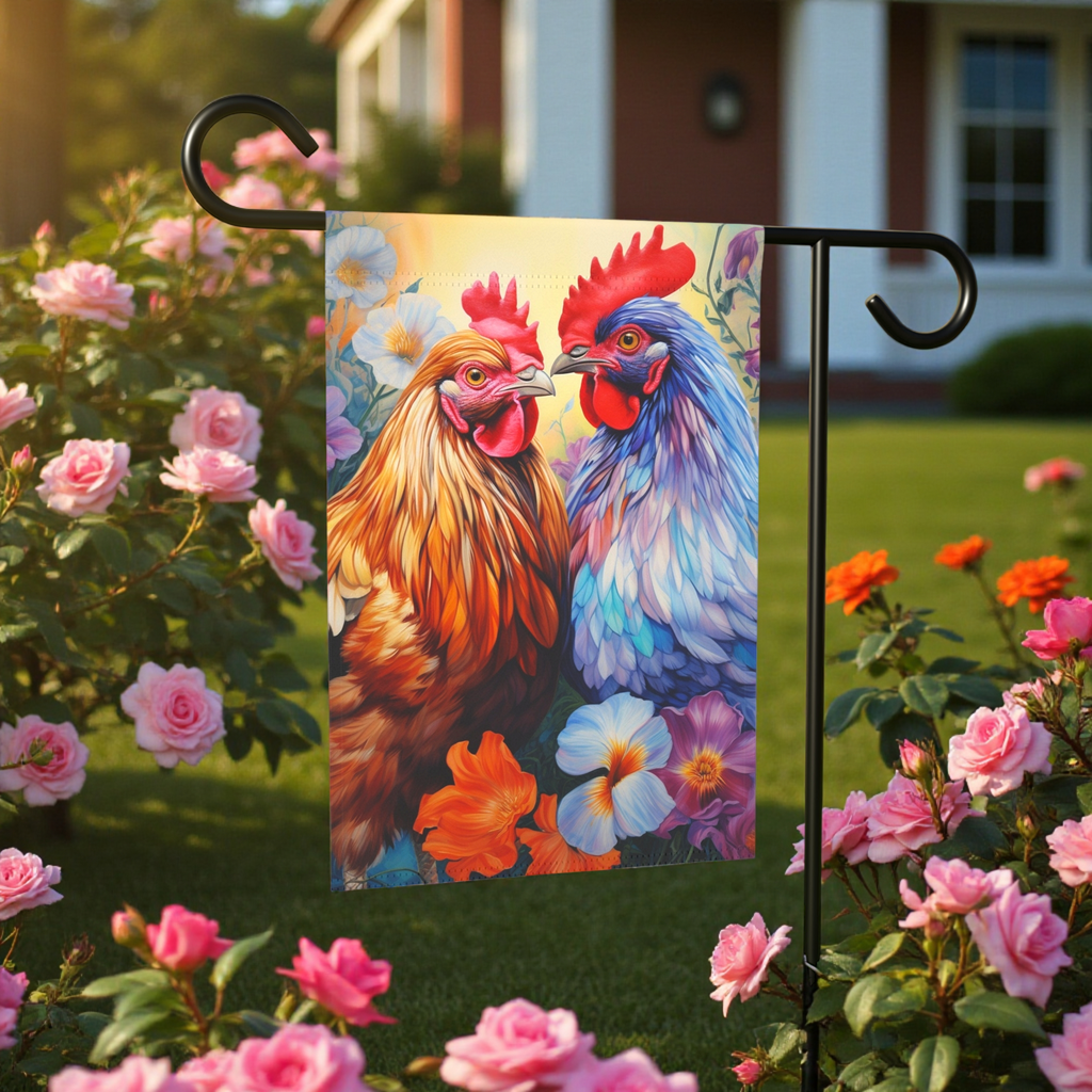Colorful Roosters Garden Flag - front view - Dragonfire Gardens