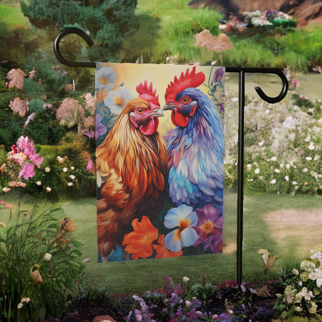 Colorful Roosters Garden Flag - outdoor display - Dragonfire Gardens