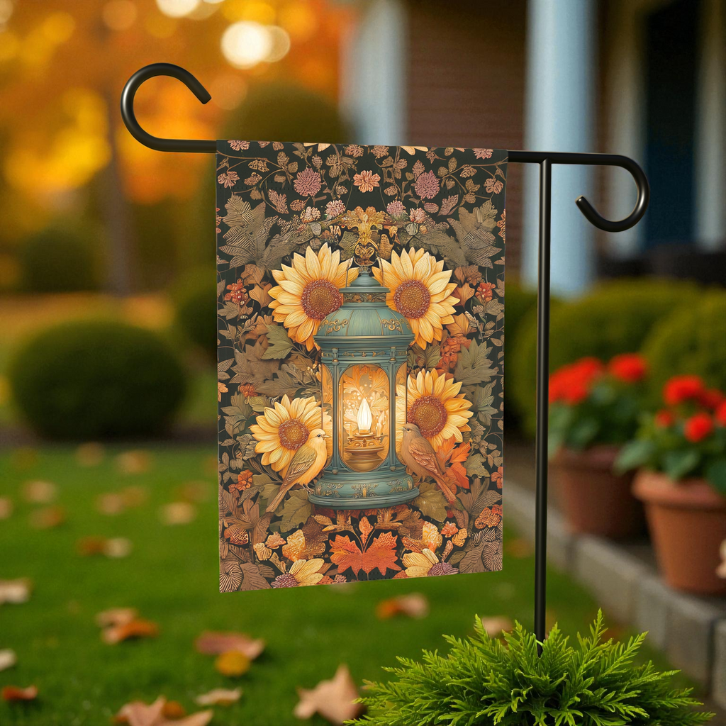 Sunflower and Birds Lantern Garden Flag - front view - Dragonfire Gardens