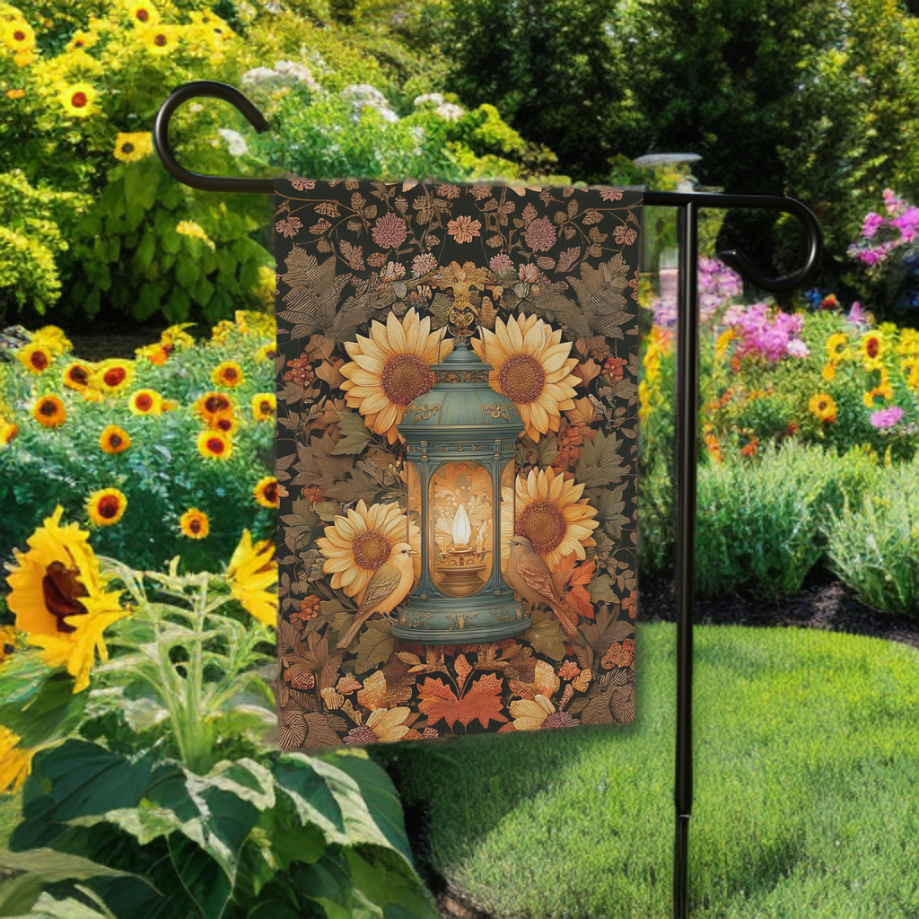 Sunflower and Birds Lantern Garden Flag - lifestyle display - Dragonfire Gardens