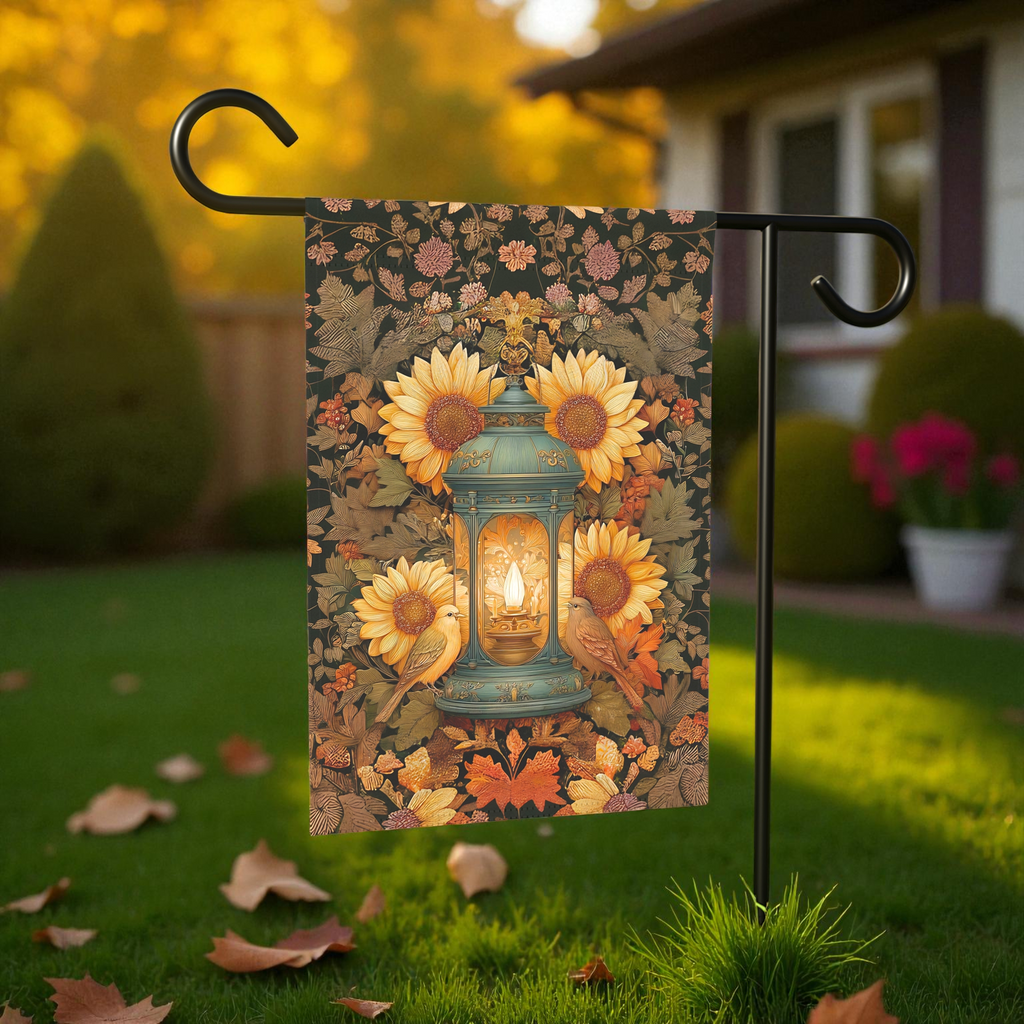 Sunflower and Birds Lantern Garden Flag - size comparison - Dragonfire Gardens