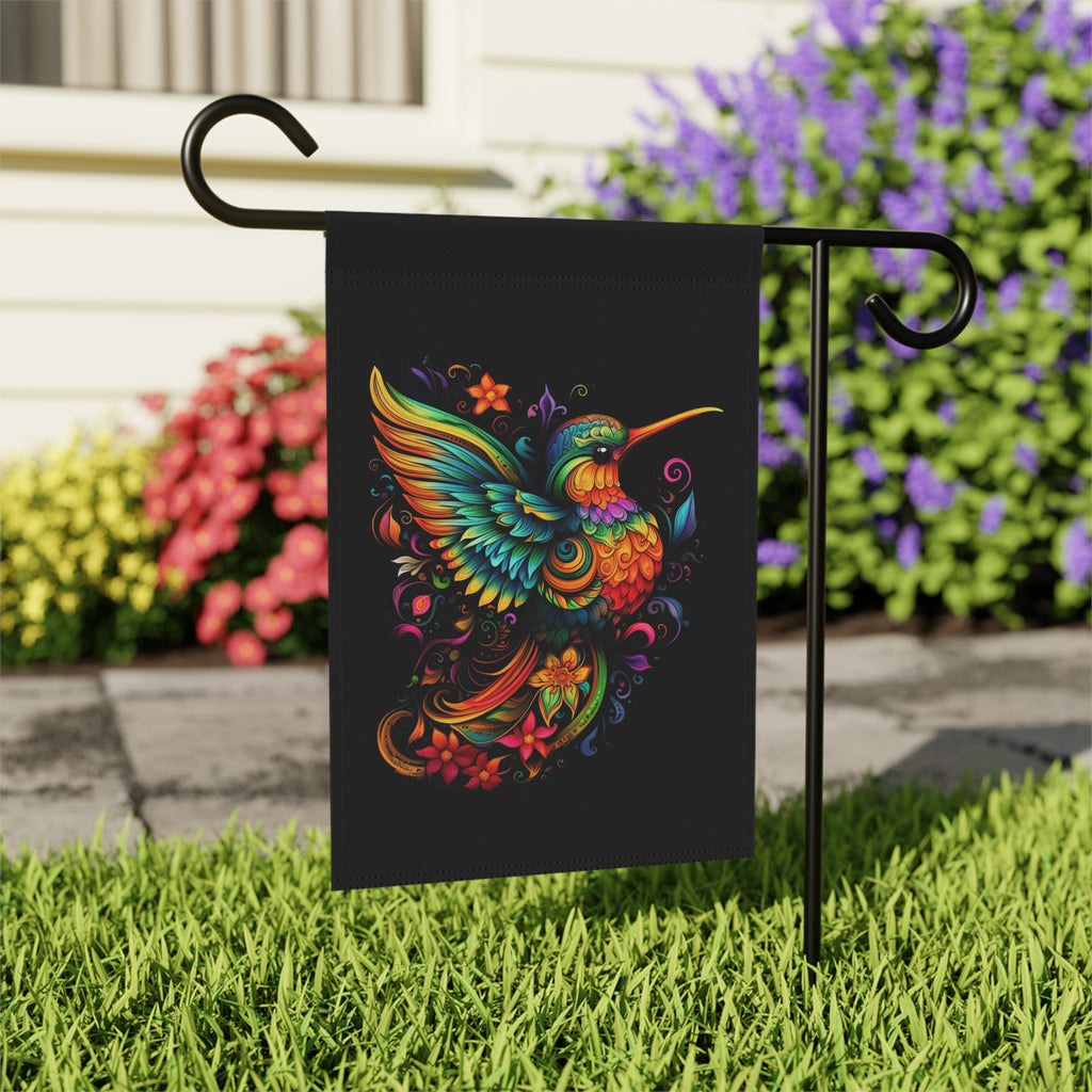 Colorful Hummingbird Garden Flag - outdoor display - Dragonfire Gardens